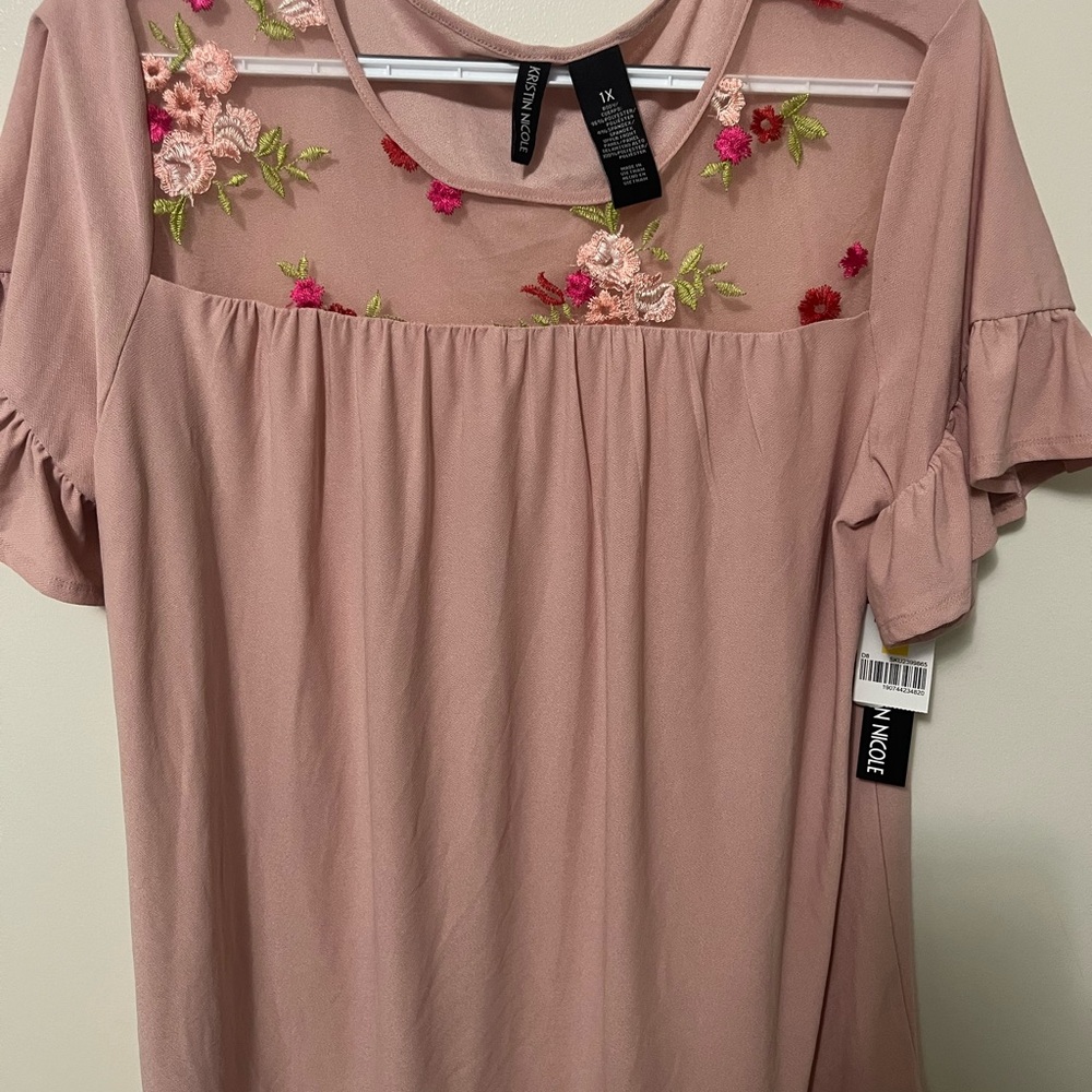 Nicole Mauve Pink Embroidered Sheer Yoke Short Sleeve Top